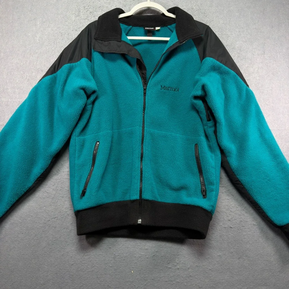Marmot Mens Full Zip Fleece Jacket Teal Black Colorblock Pit Zips Mock Neck L